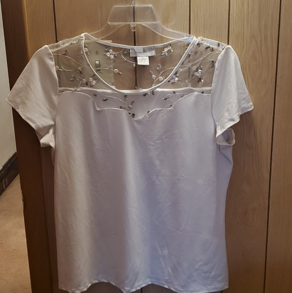 Emma & Olive Ivory top with little flowers embroidered on mesh